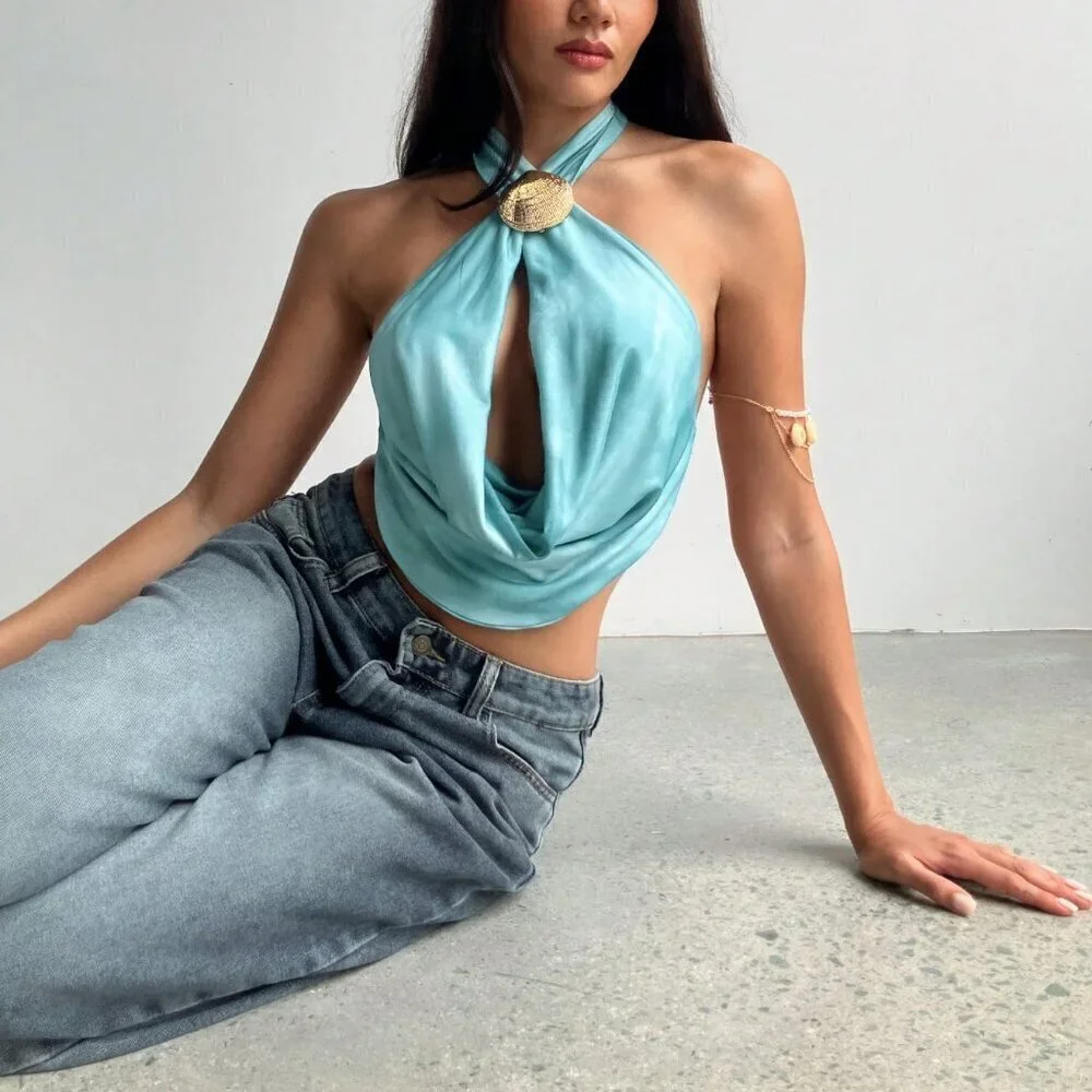 Multicolor Casual Women's Sexy Criss-Cross Wrap Draped Neck Hollow Out Cami Top - Picture 4 of 7